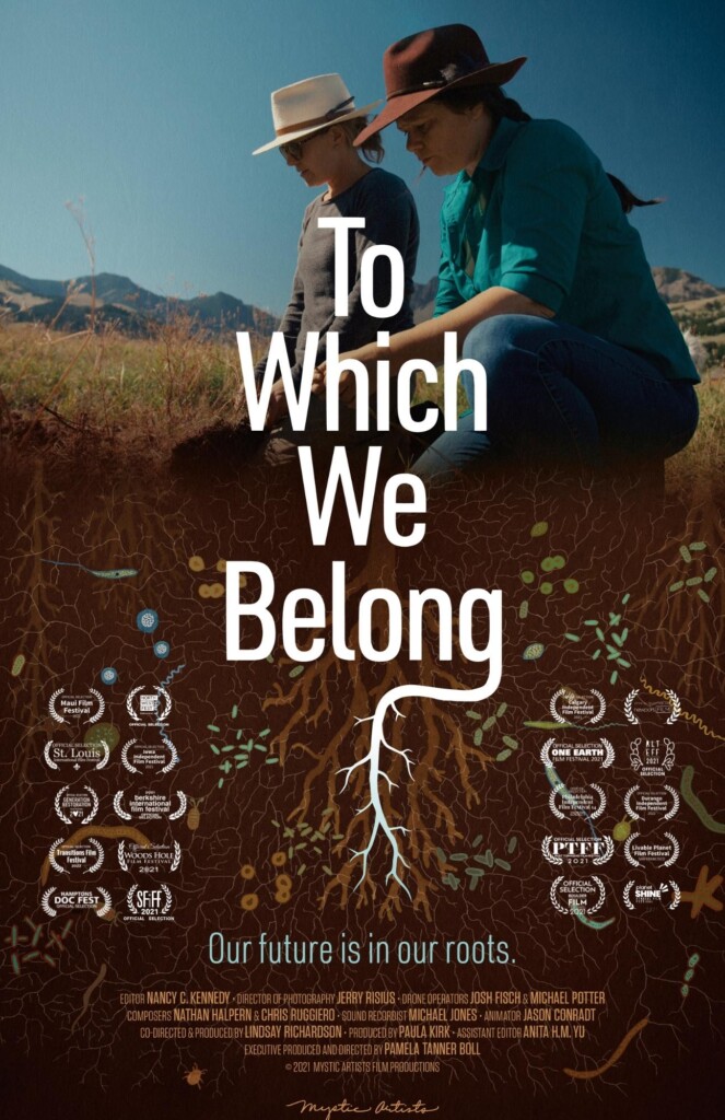 Film poster for Which We Belong featuring two farmers assessing the quality of their soil