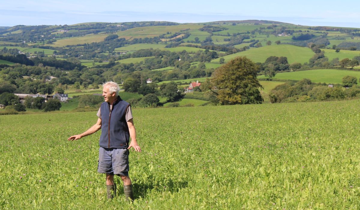 Patrick Holden stands alone in a grassy field amid a backdrop of farmland