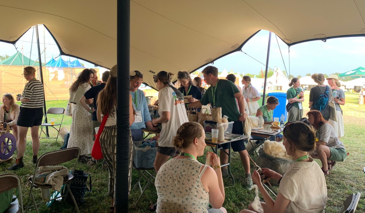 At Groundswell, our Wool, Hides and Skins session was accompanied by a demonstration and skills-sharing workshop – festival goers were given the chance to have a go at spinning, weaving carding and knitting